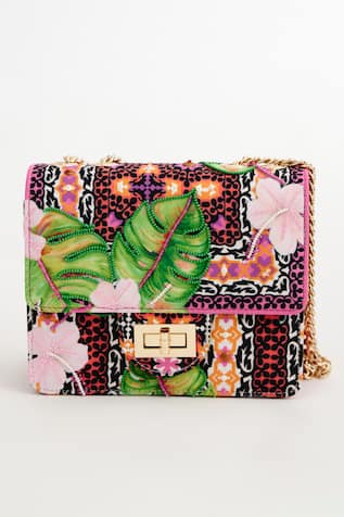 The Garnish Company Fuchsia Floral Tiles Print Sling Bag 