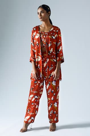 KLAD Abstract Floral Print Jacket With Slit Pant Set 