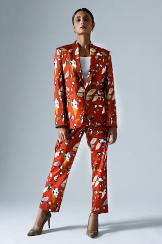 KLAD Printed Lapel Collar Blazer Pant Set 