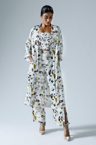 KLAD Floral Print Jacket Slit Pant Set 