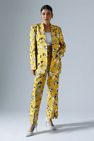 KLAD Lapel Collar Printed Blazer Pant Set 