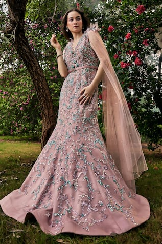 BAYA Floral Embellished Gown With Belt 