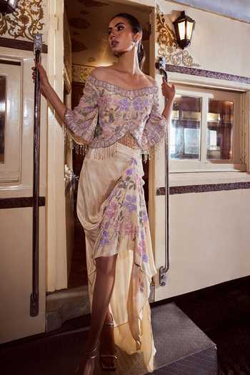 Rococo Verdant Sequin Floral Embroidered Top With Draped Skirt 