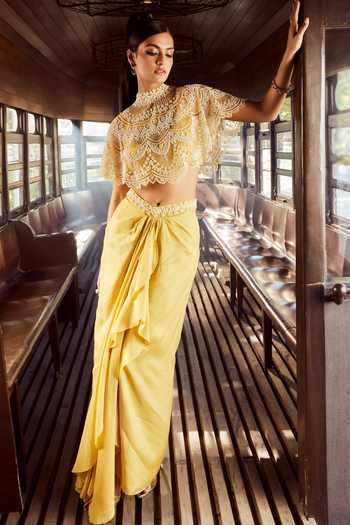 Rococo Alectrona Pearl Floral Embroidered Cape Skirt Set 