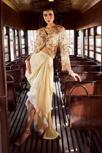 Rococo Sylvania Crystal Floral Embroidered Top With Draped Skirt 