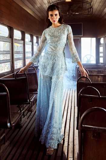 Rococo Sapphire Embroidered Peplum Tunic & Sharara Set 