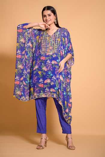 Seams Pret And Couture Azure Floral Print Kaftan Tunic & Pant Set 
