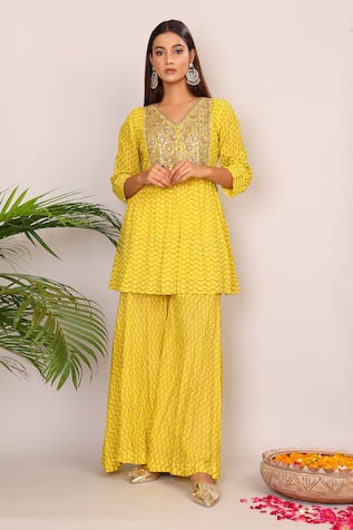 Nazar By Indu Kundan Embroidered Yellow Kurta & Palazzo Set 