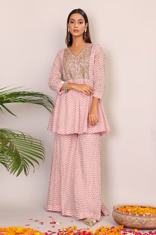 Nazar By Indu Block Print Peplum Top & Palazzo Set 