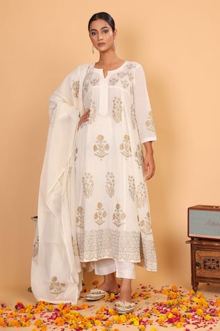 Nazar By Indu Floral Block Print Anarkali Pant Set 