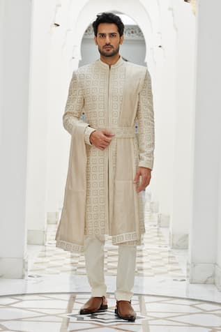 Geometric Pattern Raw Silk Sherwani Set 