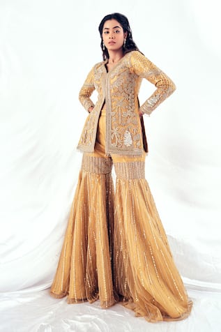 Payal & Zinal Golden Hour Blossom Garden Embroidered Top With Gharara 