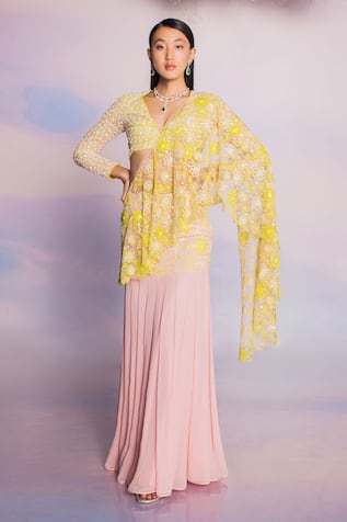 Madzin Pre-Draped Two Tone Embroidered Saree With Blouse 