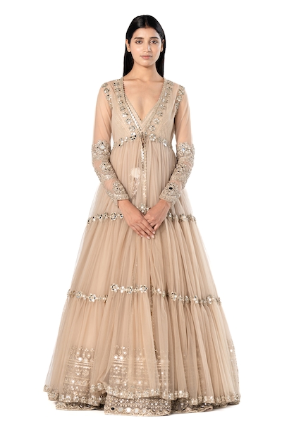 Abhinav Mishra Mirror Embroidered Tiered Jacket & Anarkali Set