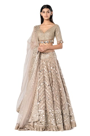 Abhinav Mishra Chevron Pattern Mirror Work Bridal Lehenga Set 