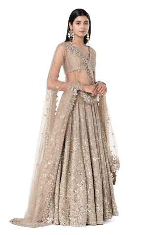 Abhinav Mishra Chanderi Floral Mirror Embroidered Bridal Lehenga Set 