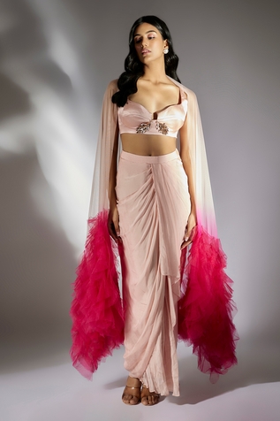 Masumi Mewawalla Ruffle Bordered Cape Draped Skirt Set