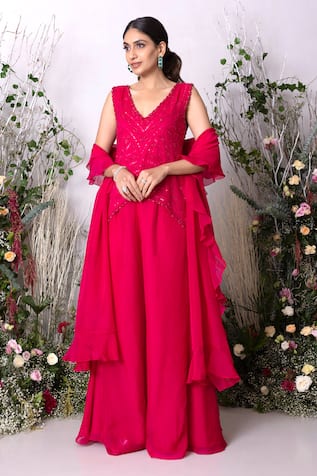 Sunita Bhandari Hand Embroidered Asymmetric Kurta Sharara Set 