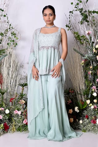 Sunita Bhandari Flower Hand Embroidered Kurta Sharara Set 