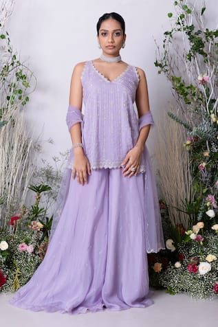 Sunita Bhandari Hand Embroidered Short Kurta Sharara Set 