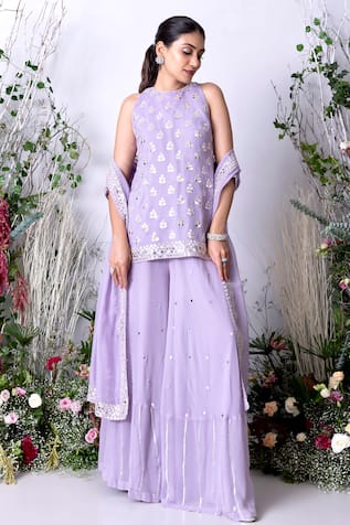 Sunita Bhandari Floral Mirror Embroidered Kurta Sharara Set 