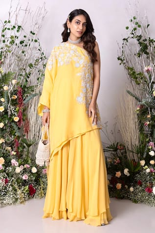 Sunita Bhandari Asymmetric Hand Embroidered Kurta Sharara Set 