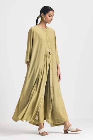 Three Moss Green Front Buttoned Jacket Pant Set 