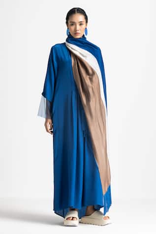 Three Elastic Waist Dress With Fringe Scarf 