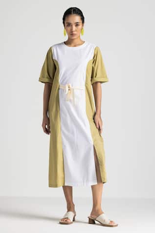 Three White & Green Contrast Panel Midi Dress 