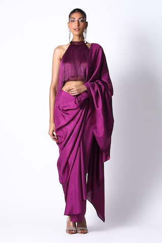 431-88 by Shweta Kapur Masai Godet Solid Pre Draped Saree With Fringe Top 