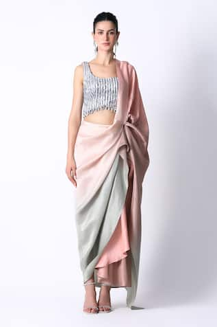 431-88 by Shweta Kapur Silk Ombre Pre Draped Saree With Embellished Blouse 