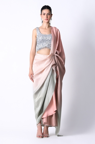431-88 by Shweta Kapur Silk Ombre Pre Draped Saree With Embellished Blouse
