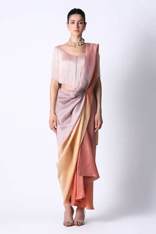 431-88 by Shweta Kapur Ombre Pre Draped Saree With Fringe Top 