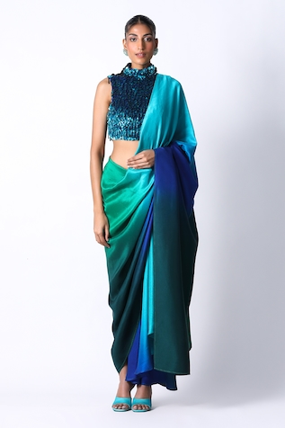431-88 by Shweta Kapur Ombre Pre Draped Saree With Sequin Embellished Top
