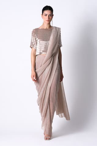 431-88 by Shweta Kapur Pleated Pre Draped Saree With Crystal Embellished Top 