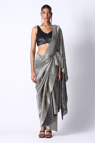 431-88 by Shweta Kapur Metallic Pleated Pre Draped Saree With Blouse 