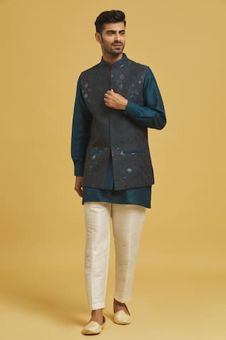 Embroidered Pista Green Kurta & Pant Set For Kids
