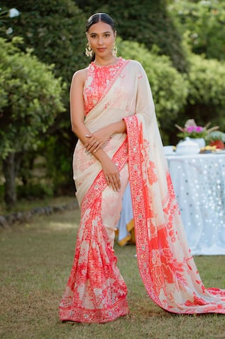 Vana Ethnics Blossom Print Embellished Saree With Blouse 