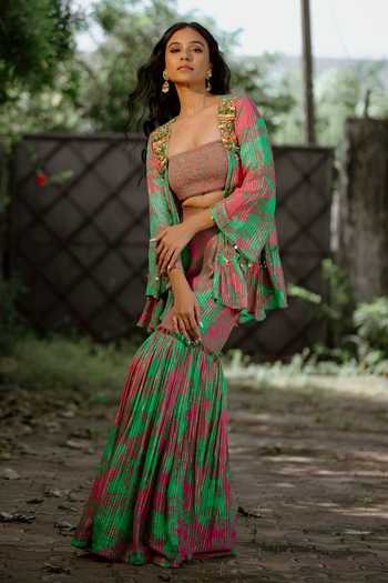 Buy Green Viscose, Georgette, Crepe Dahlia Print Embellished Buy Green Viscose, Georgette, Crepe Dahlia Print Embellished