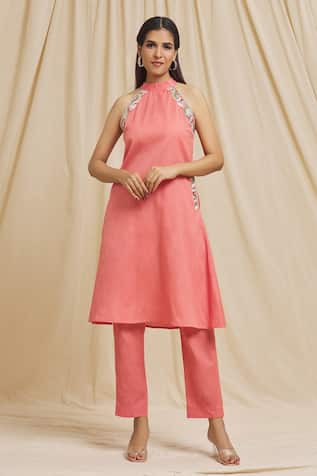 Tarini Vij Blossom Embroidered Halter Neck Kurta Set 