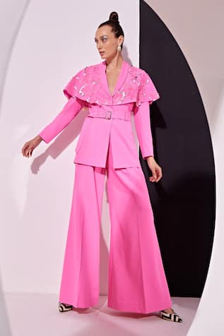 Vidhi Wadhwani 3D Applique Pink Blazer Jacket Pant Set 