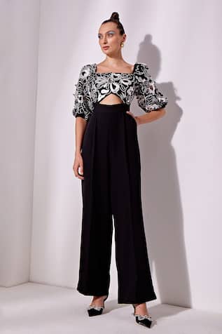 Vidhi Wadhwani Black Floral Embroidered Jumpsuit 