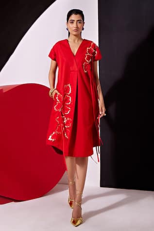Red Foliage Applique Midi Dress 