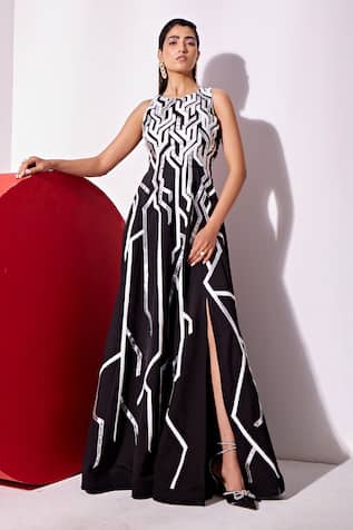 Vidhi Wadhwani Sphinx Stripe Applique Gown 