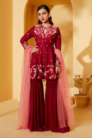 Floral Embroidered Short Anarkali Sharara Set 