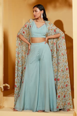 Suruchi Parakh Flower Print Cape Flared Pant Set 