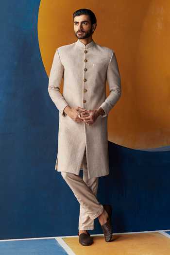 Mrunalini Rao Beige Resham Embroidered Sherwani Set 