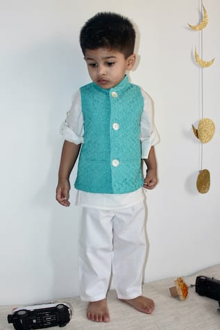 Charkhee Sleeveless Schiffli Nehru Jacket 