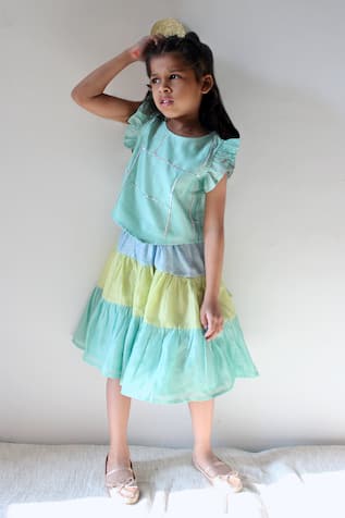 Charkhee Chanderi Sequin Work Top With Color Block Skirt 