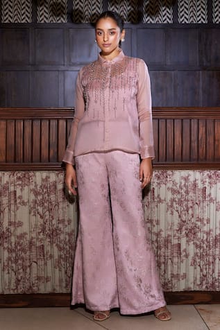 Label Sanya Gulati Embroidered Shirt & Jacquard Pant Set 